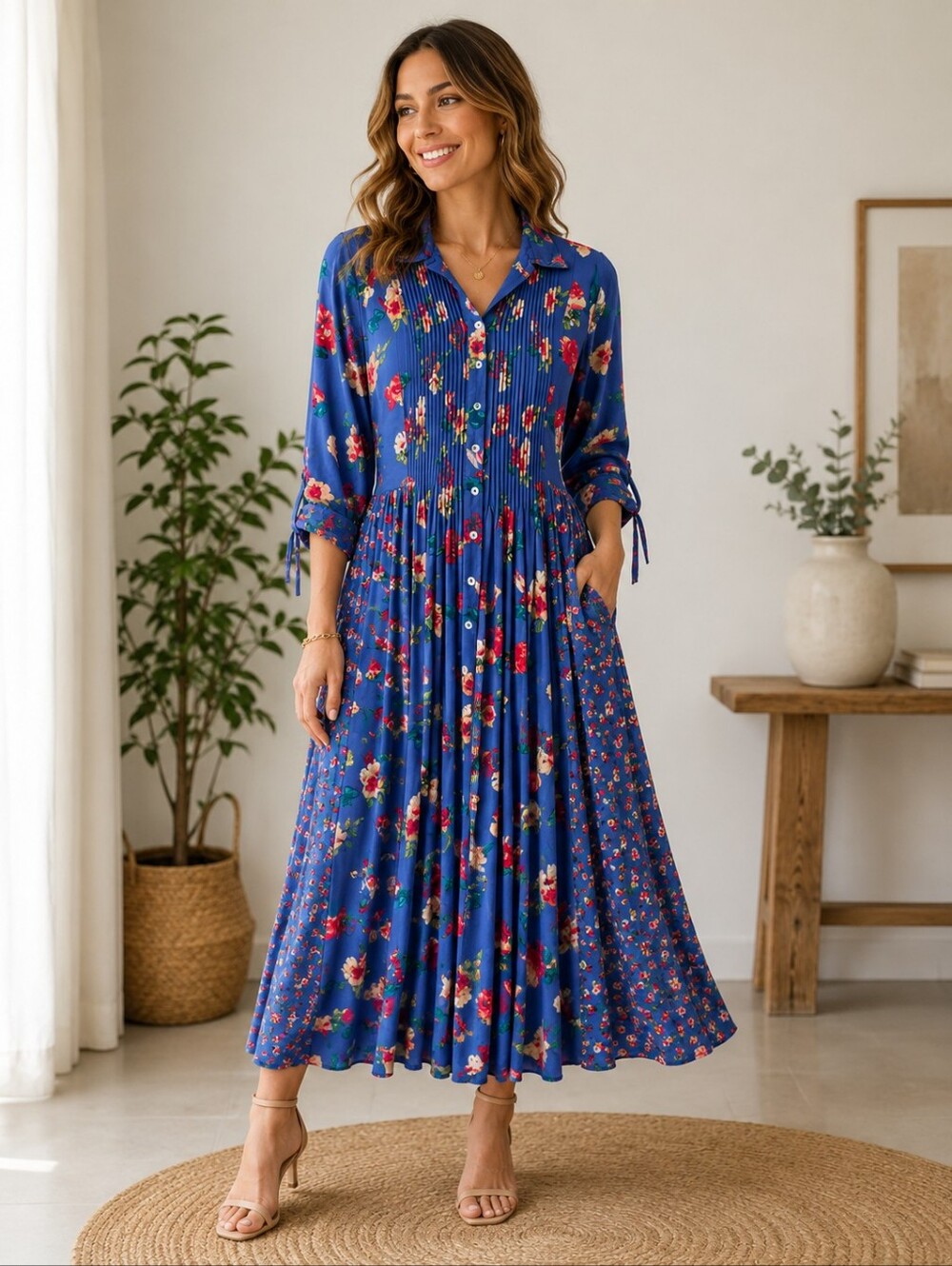 John Mark Island Floral Pleated Maxi Dress Ruched Tie Sleeve Blue Pink Size L